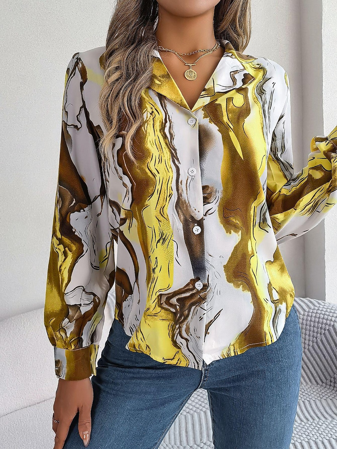 dames overhemd blouse mode abstract knopen print lange mouw normale tops overhemd kraag casual geel rood blauw paars groen lente& val 2025 - $29.99 –P8