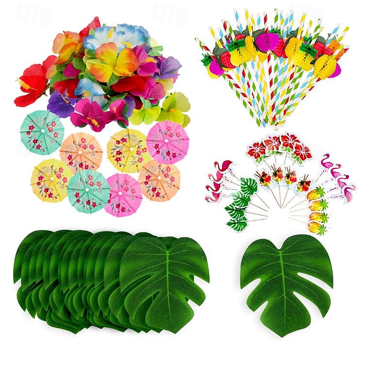 114PCS/184PCS Hawaiian Festival Party Turtle Back Leaf Hibiscus Flower Paper Straw Umbrella 24 Cake Sticks Combination Package 2025 - $27.99 –P7