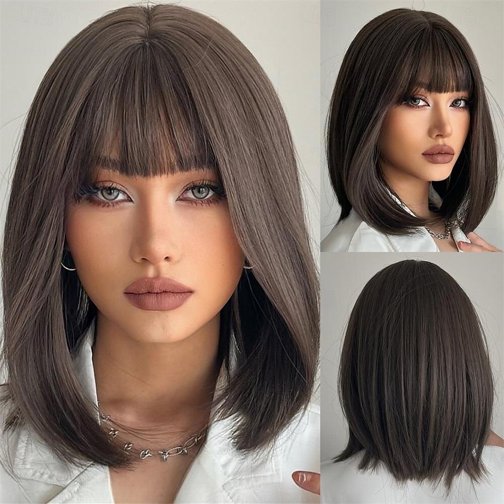 parrucca bionda castano bob ombre con frangia parrucche corte diritte naturali per donne parrucche sintetiche lunghe fino alle spalle per cosplay quotidiano del 2025 a $18.99 –P4