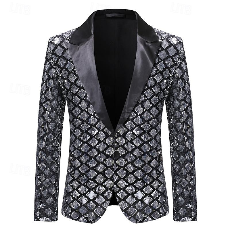 Männlich Blazer Hochzeitsfeier Party & Abend Tasche Ganzjahres Paillettenbesetzt glitzernd Hochzeit Einreihig Blazer Silber Schwarz Königliches Blau Gold 2026 - $60.99 –P3