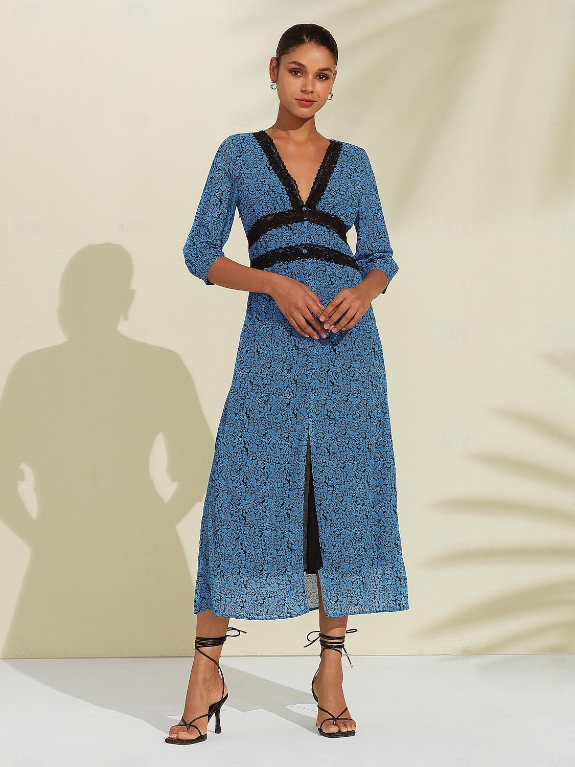 Femmes Robe trapèze Robe Fleurie Robe Imprimée Robe Midi Bleu Manches mi-longues Fleurs / Plantes Style Floral Imprimé Longue Printemps & Été Col en V Façade en V Doux Date S M L de 2025 ? $103.99 –P5
