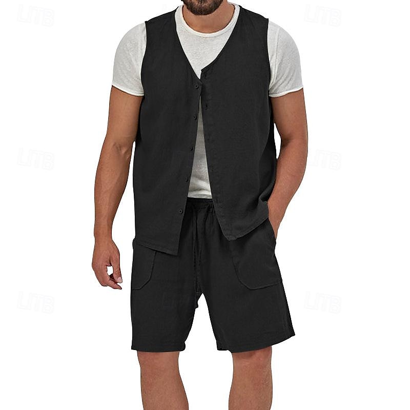 Men's Linen Shorts Summer Shorts Beach Shorts Set Pocket Drawstring Elastic Waist Plain Comfort Breathable Short Holiday Vacation Beach Hawaiian Boho Black Yellow 2025 - $34.99 –P8