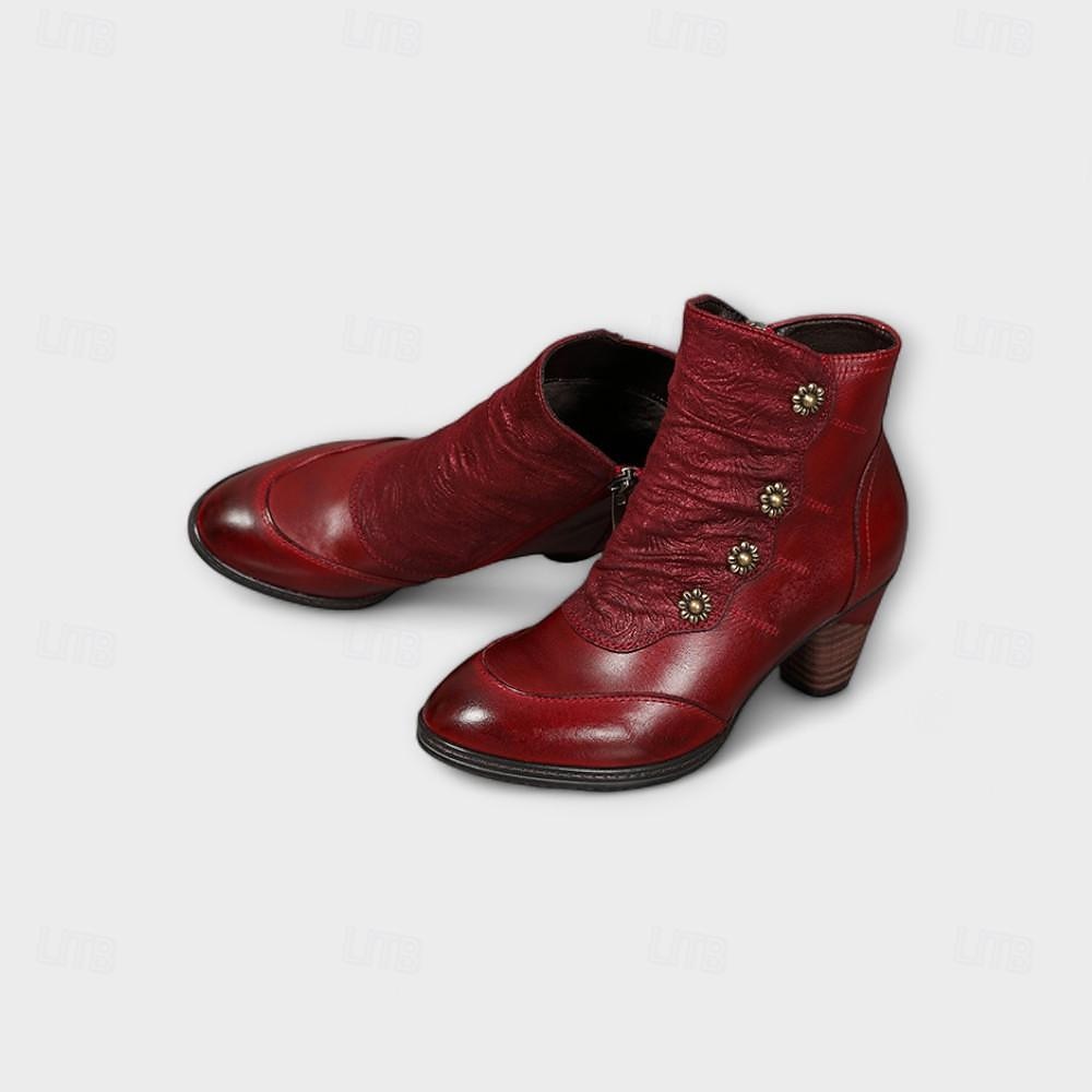 damskie botki vintage z czerwonej skóry – najwyższej jakości skóra bydlęca z kwiatowymi akcentami guzikowymi i grubym obcasem, idealne do stylu retro i na co dzień 2026 - $94.99 –P4