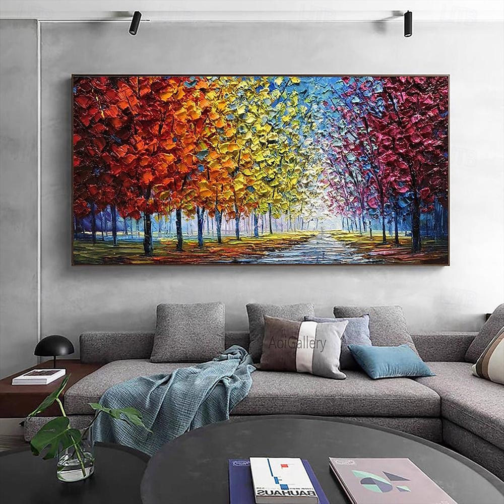 2025年 大きな手描きのカラフルな抽象油絵キャンバスにカラフルな木の森秋の絵画寝室リビングルームの装飾アート手描きの重い質感の厚塗り絵画  コレクション – $58.99 –P2