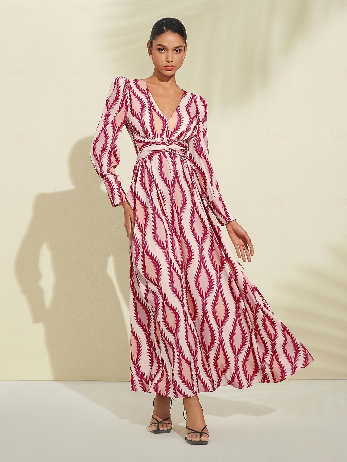 Per donna Orlo maxi Raso Maxi Vestito maxi SALMONE Bianco Manica lunga Modello di piante Fiore / Piante Pulsante pianta Primavera A V Abito volante S M L del 2025 a $93.99 –P9