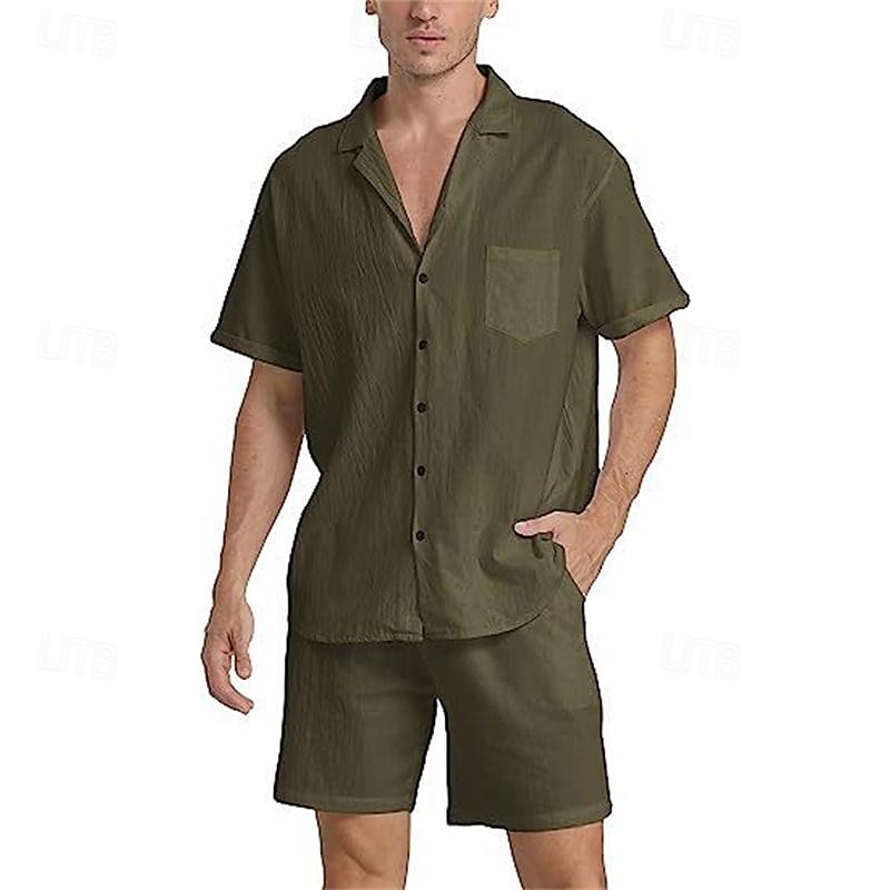 Voor heren Overhemd linnen overhemd Katoenen linnen overhemd Wit katoenen overhemd Overhemdset Zomer overhemd Effen Feestdagen Alledaagse kleding Zwart Wit Khaki Leger Groen Korte mouw Kamp kraag 2025 - $26.99 –P7