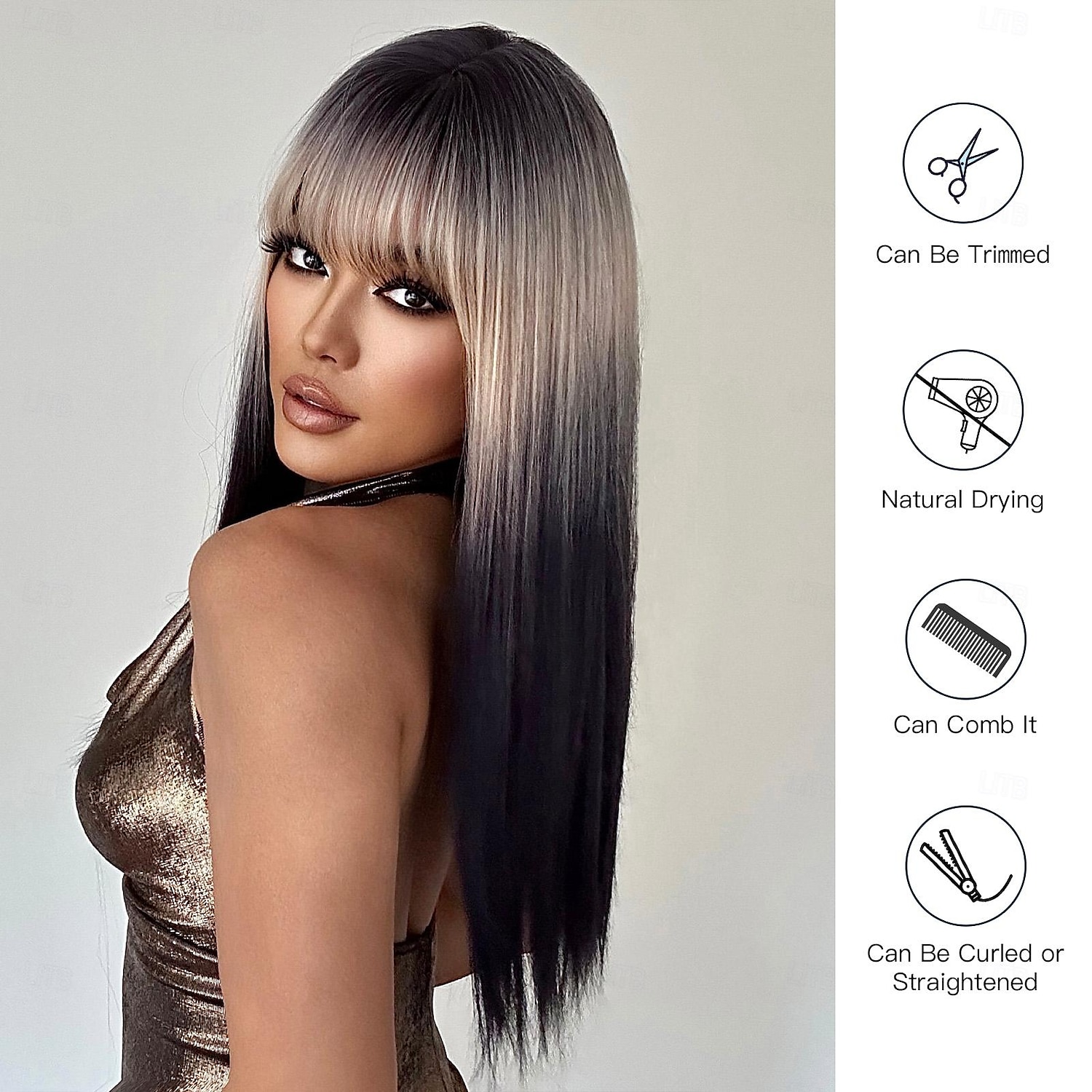 Parrucche sintetiche Uniformi Costumi di carriera Da principessa Liscio Kinky liscia Parte di mezzo Taglio scalato A macchina Parrucca 26 pollici Nero e Oro Capelli sintetici Per donna Cosplay Feste del 2025 a $23.99 –P3