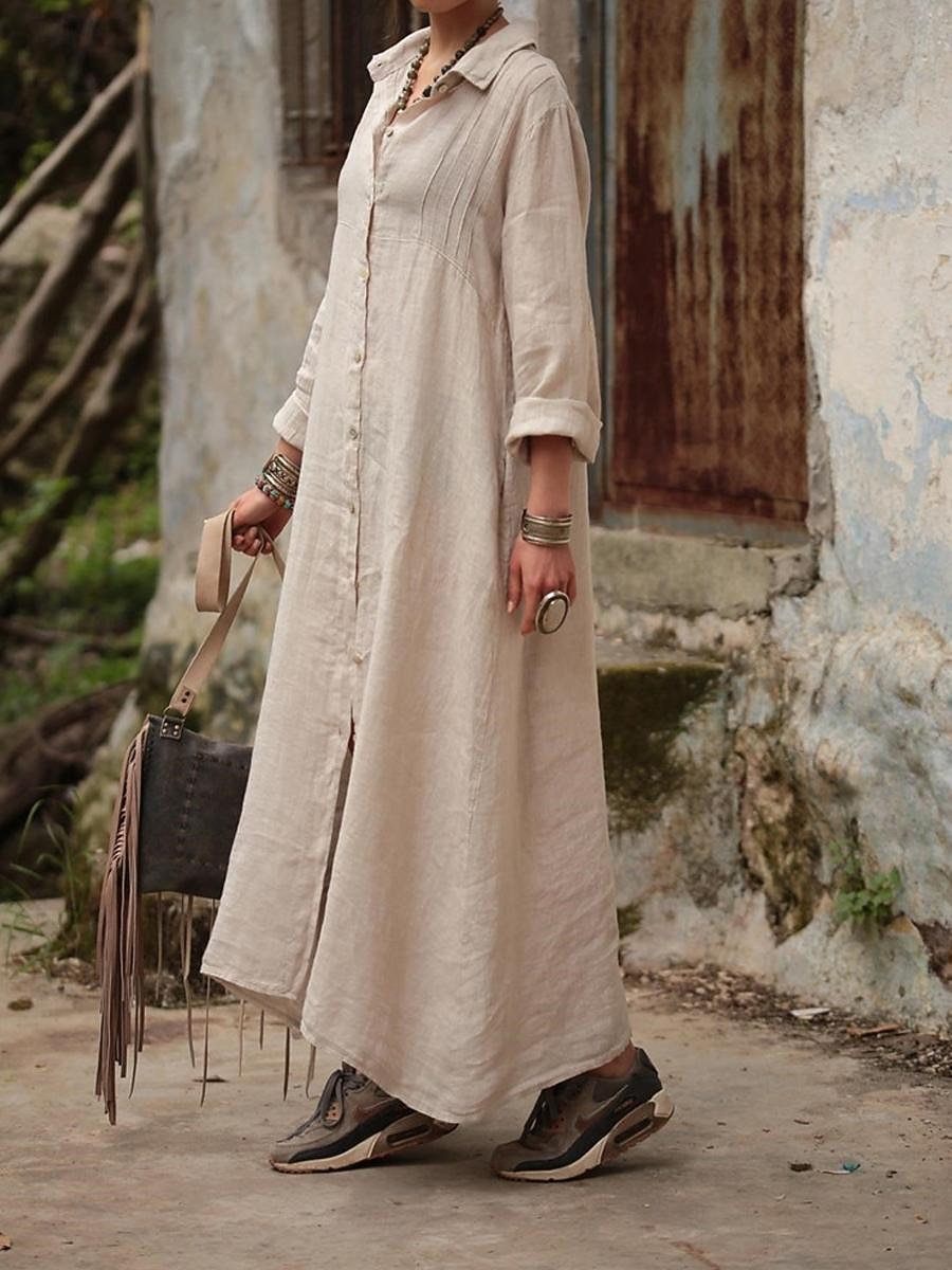 Damen Maxikleid Shiftkleid Hemdblusenkleid Baumwoll-Leinen-Kleider Freizeitkleid Basic Modern Täglich Wochenende Lässiger Schnitt Einfach Langarm Hemdkragen Armeegrün Aprikose Sommer Frühling 2026 - CAD $68.99 –P7