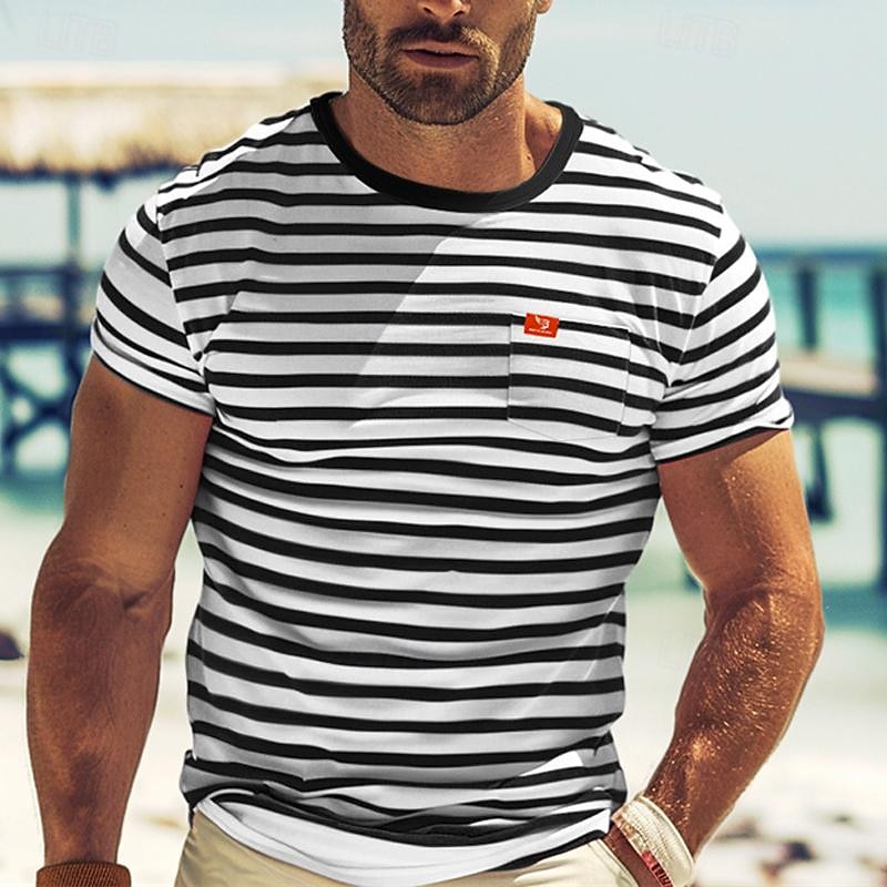 Men's T Shirt Tee Top Short Sleeves Crew Neck Summer Striped Fashion Designer Basic Front Pocket Vacation Street Going out Black Red Navy Blue Top Tee for Men 2025 - $16.49 –P1