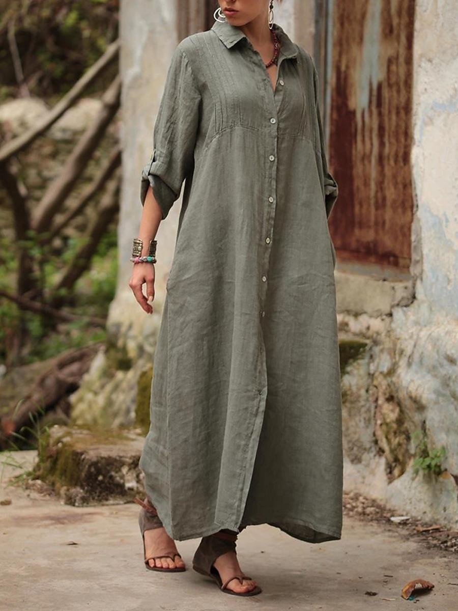 Damen Maxikleid Shiftkleid Hemdblusenkleid Baumwoll-Leinen-Kleider Freizeitkleid Basic Modern Täglich Wochenende Lässiger Schnitt Einfach Langarm Hemdkragen Armeegrün Aprikose Sommer Frühling 2026 - CAD $68.99 –P1