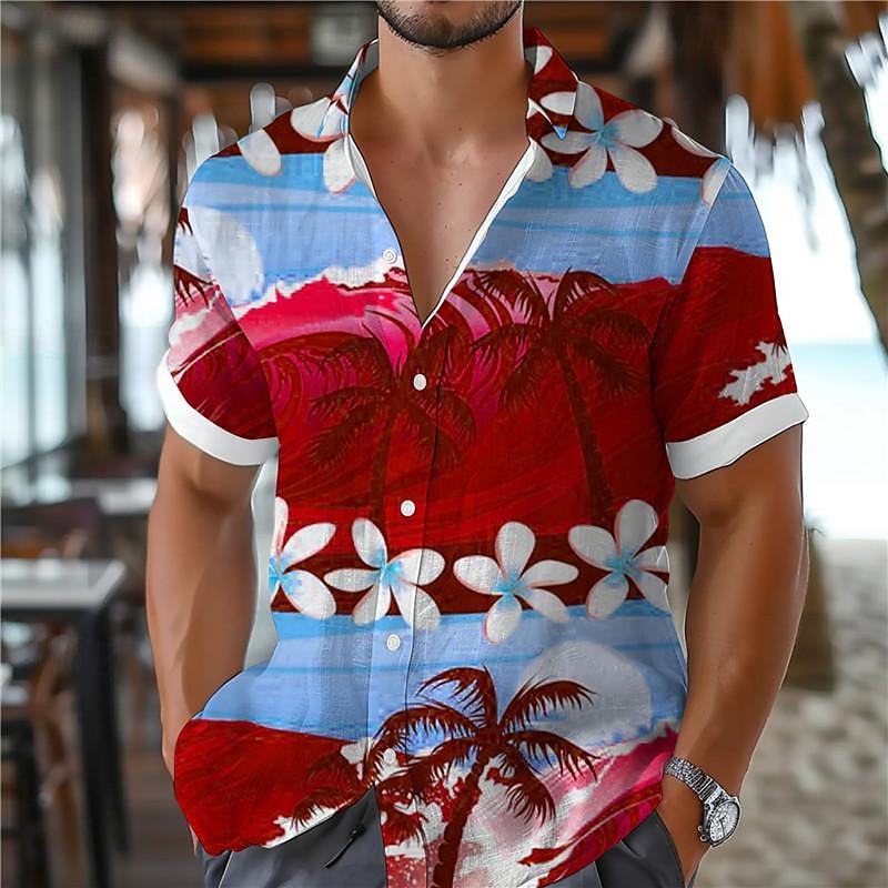 Voor heren Tropische bloemen Palmboom Overhemd Hawaiiaans overhemd Aloha-shirt Korte mouw Overhemd Strijkijzer Vakantie Hawaii Resortstijl Buiten Vakantie Strand Rood Blauw Groen S M L 2025 - $22.99 –P8