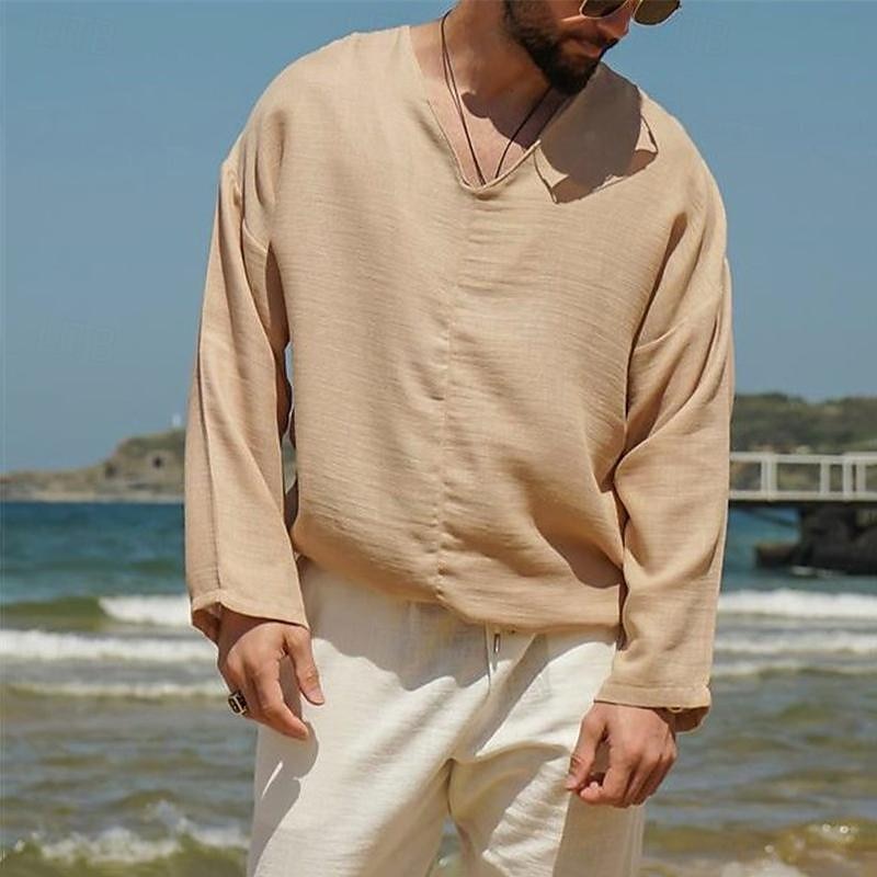 Men's Shirt Linen Shirt White Cotton Shirt Summer Shirt Beach Shirt Cotton Linen Shirt Plain Vacation Holiday Black White Khaki Long Sleeve V Neck Spring & Fall Clothing Apparel Button-Down 2025 - $23.99 –P4