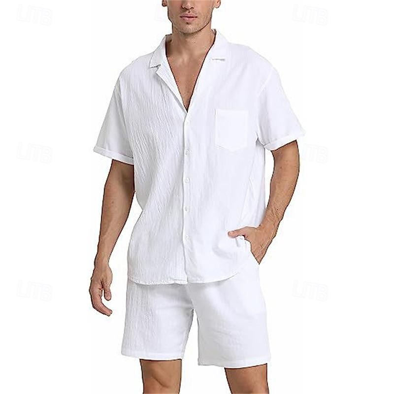 Voor heren Overhemd linnen overhemd Katoenen linnen overhemd Wit katoenen overhemd Overhemdset Zomer overhemd Effen Feestdagen Alledaagse kleding Zwart Wit Khaki Leger Groen Korte mouw Kamp kraag 2025 - $26.99 –P1