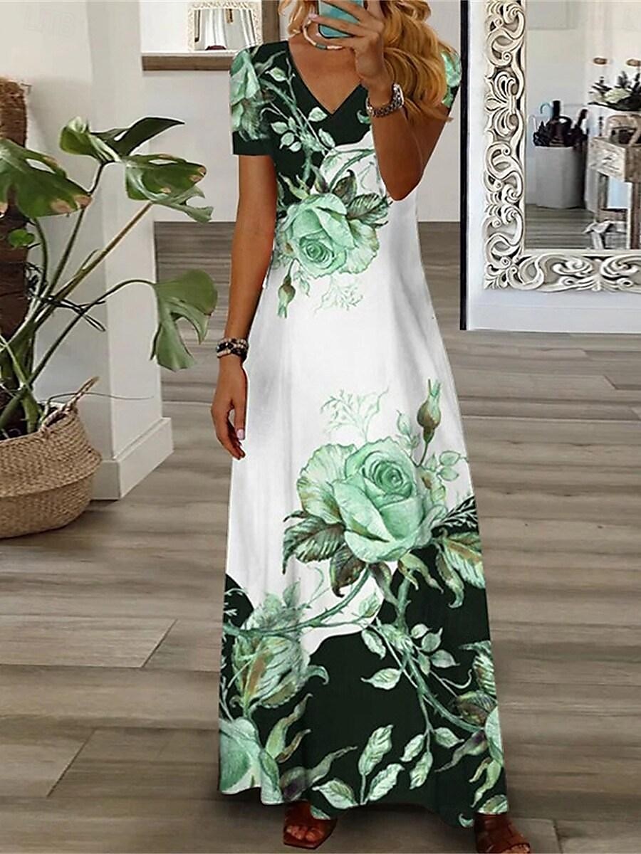 Damen Freizeitkleid Blumendruck V-Ausschnitt Langes Kleid Maxikleid Urlaub Kurzarm Sommer 2025 - $35.99 –P2