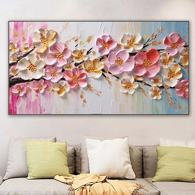 Großes Pflaumenblüten-Ölgemälde, handgemalte rosa Blumen, Leinwand-Wandkunst, dicke Textur, Palettenmesser-Gemälde, Nachttisch-Kunst, Jubiläumsgeschenk, Heimdekoration 2025 - $125.99 –P8
