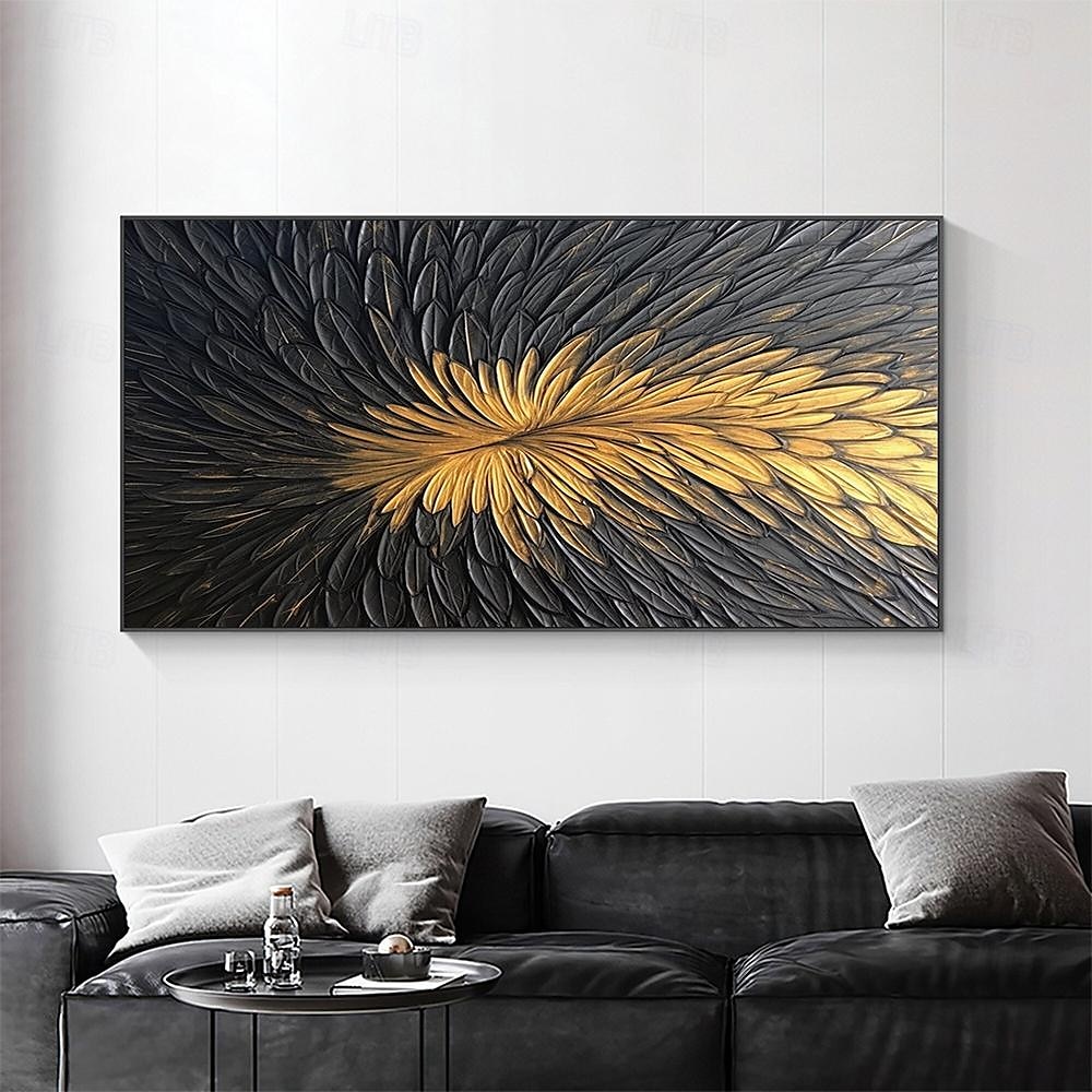 Handgemaltes abstraktes Federölgemälde auf Leinwand, handgemaltes modernes Wandgemälde in Gold und Schwarz für Wohnzimmer, Schlafzimmer, Wanddekoration, individuell strukturiertes Gemälde 2025 - $69.99 –P2