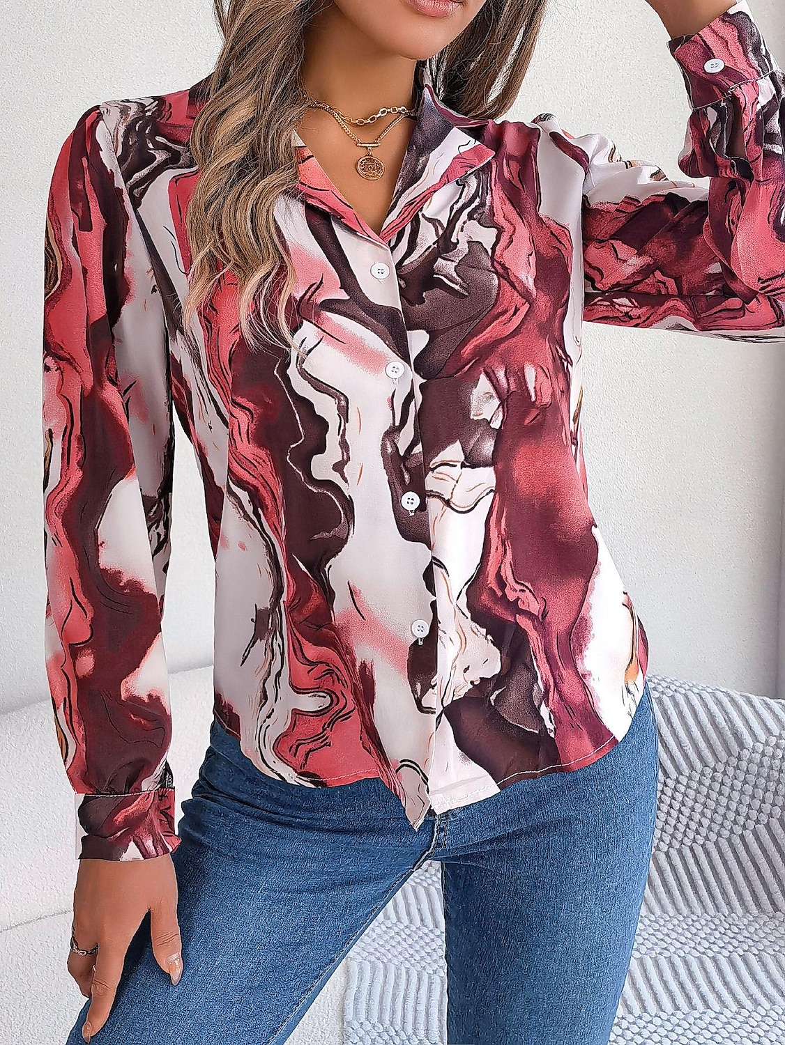 dames overhemd blouse mode abstract knopen print lange mouw normale tops overhemd kraag casual geel rood blauw paars groen lente& val 2025 - $29.99 –P1