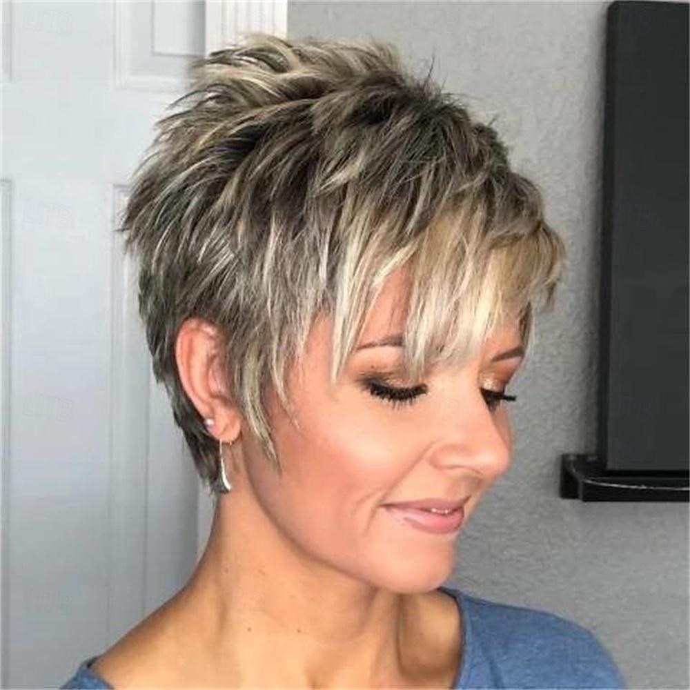 Peluca corta dorada de lino degradado informal, pelucas sintéticas de aspecto natural para damas, peluca de pelo cosplay diaria 2025 - $18.99 –P4