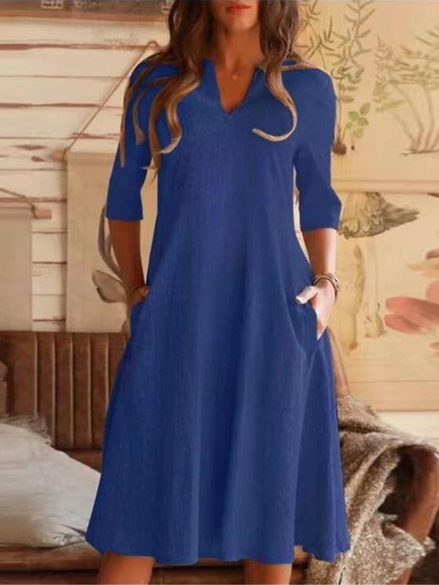 Damen Schwarz Blau Grau Sommer Frühling Midikleid Baumwoll-Leinen-Kleider Freizeitkleid Baumwoll-Sommerkleid Basic Modern Täglich Wochenende Lässiger Schnitt Einfach V-Ausschnitt 2025 - $26.99 –P2