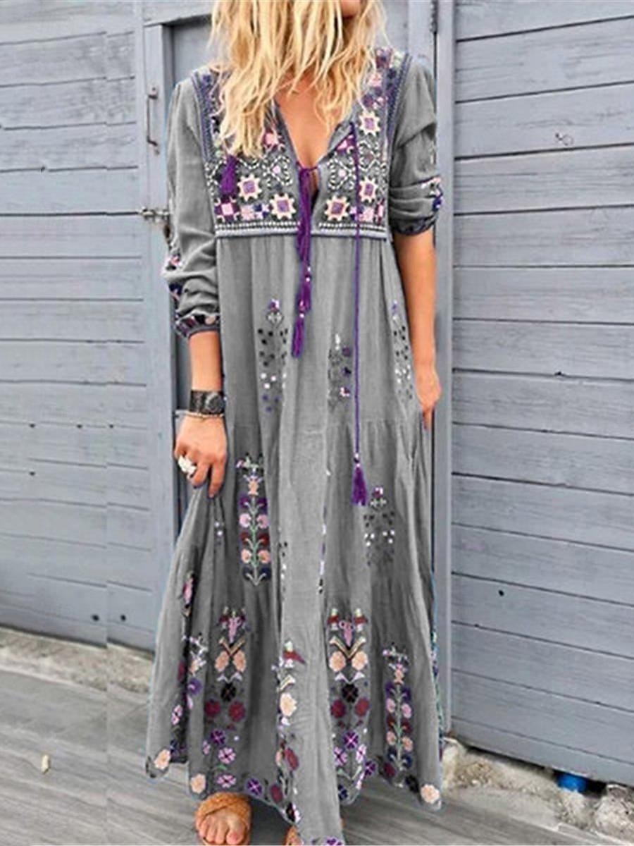 dames boho maxi jurk rood met ethisch bloemenprint v-hals driekwart mouw casual losse pasvorm strandfeest zomer mode kleding kleding 2025 - $33.99 –P2