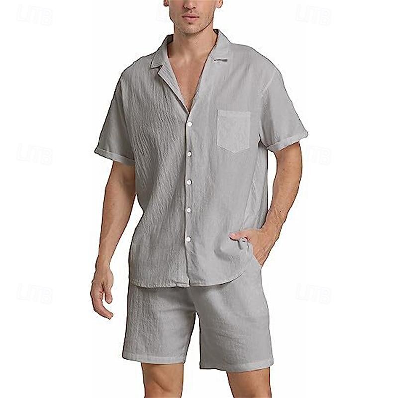 Voor heren Overhemd linnen overhemd Katoenen linnen overhemd Wit katoenen overhemd Overhemdset Zomer overhemd Effen Feestdagen Alledaagse kleding Zwart Wit Khaki Leger Groen Korte mouw Kamp kraag 2025 - $26.99 –P6