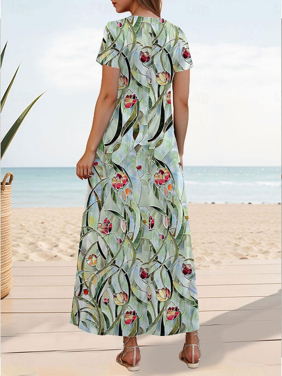 נש women's maxi dress floral print v neck long dress bohemia vintage short sleeve summer spring 2025 - $51.99 –P2