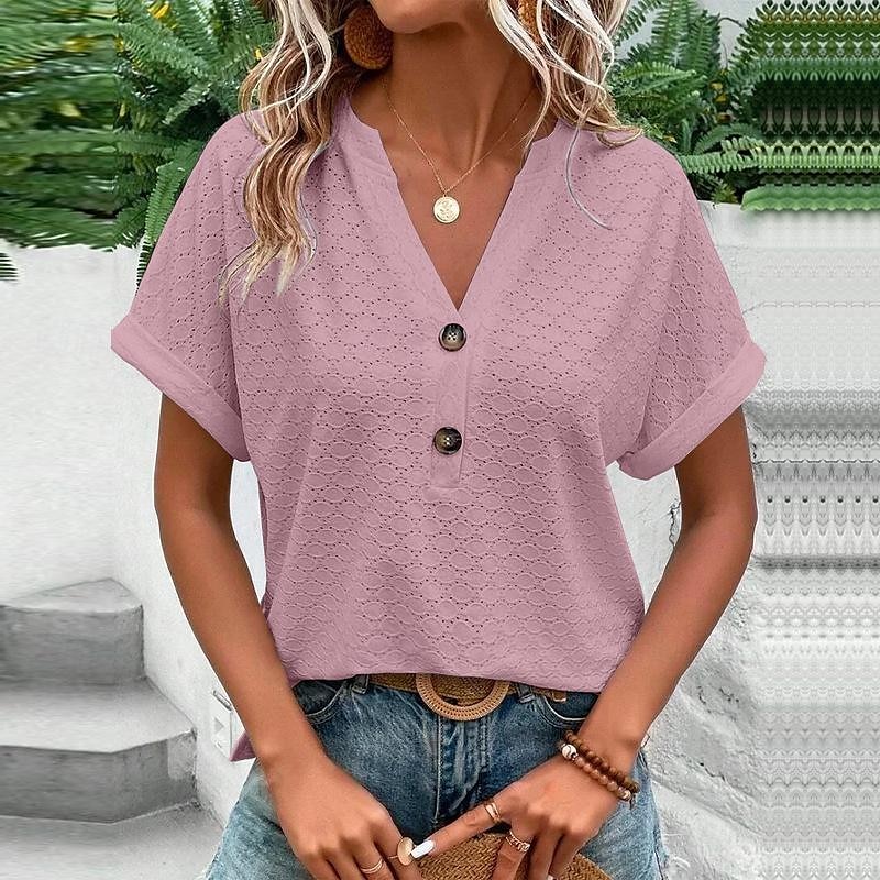 chemisier femme dentelle à œillets col en V blanc boutonné devant manches courtes haut d'été décontracté léger respirant coupe ample de 2025 ? $21.99 –P5