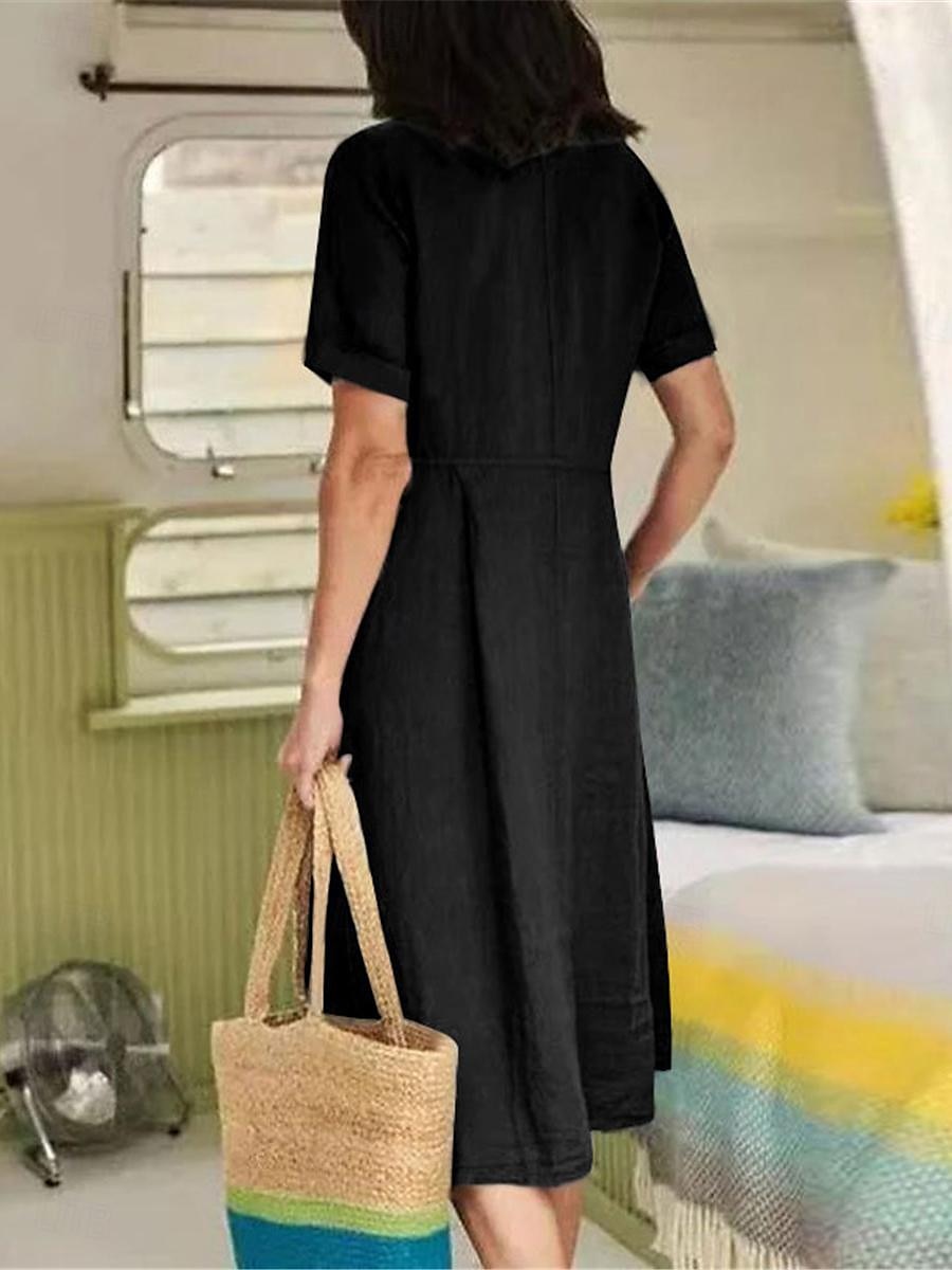 Damen Armeegrün Schwarz Weiß Sommer Frühling Midikleid Weißes Kleid Baumwoll-Leinen-Kleider Hemdblusenkleid Basic Modern Täglich Wochenende Lässiger Schnitt Einfach V Ausschnitt 2025 - $26.99 –P2