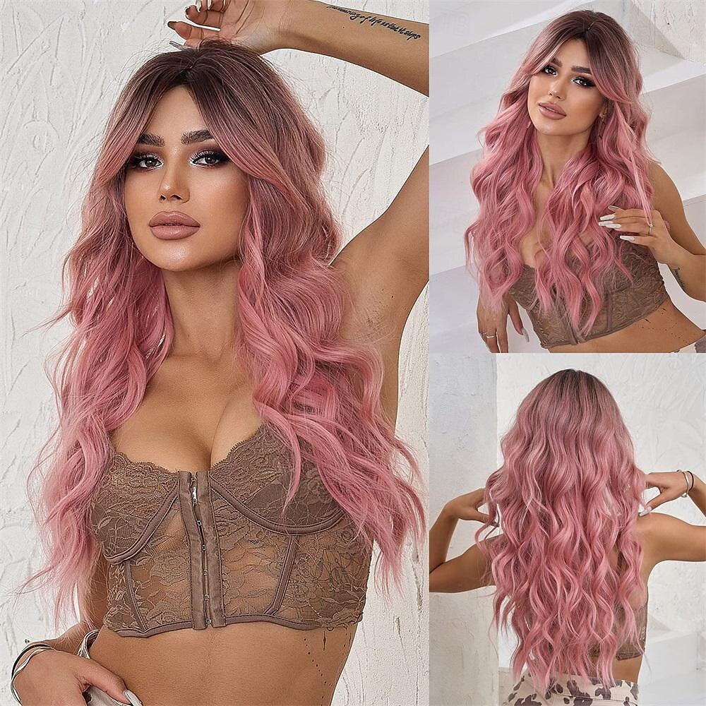 Perruque rose pour femme longue ombre marron à rose ondulée bouclée synthétique avec frange partie centrale racines foncées cheveux superposés avec frange pour filles cosplay fête Halloween Noël de 2025 ? $29.99 –P1