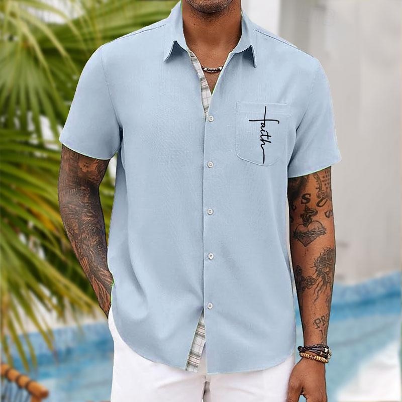 Herren Glaube Knopfhemd Bedruckte Hemden Kurzarm Hawaiianisch Resort Urlaub Ferien Alltagskleidung Sommer Umlegekragen Tasche Druck Button-Down Blau Rosa Grün Grau 2026 - $23.99 –P4