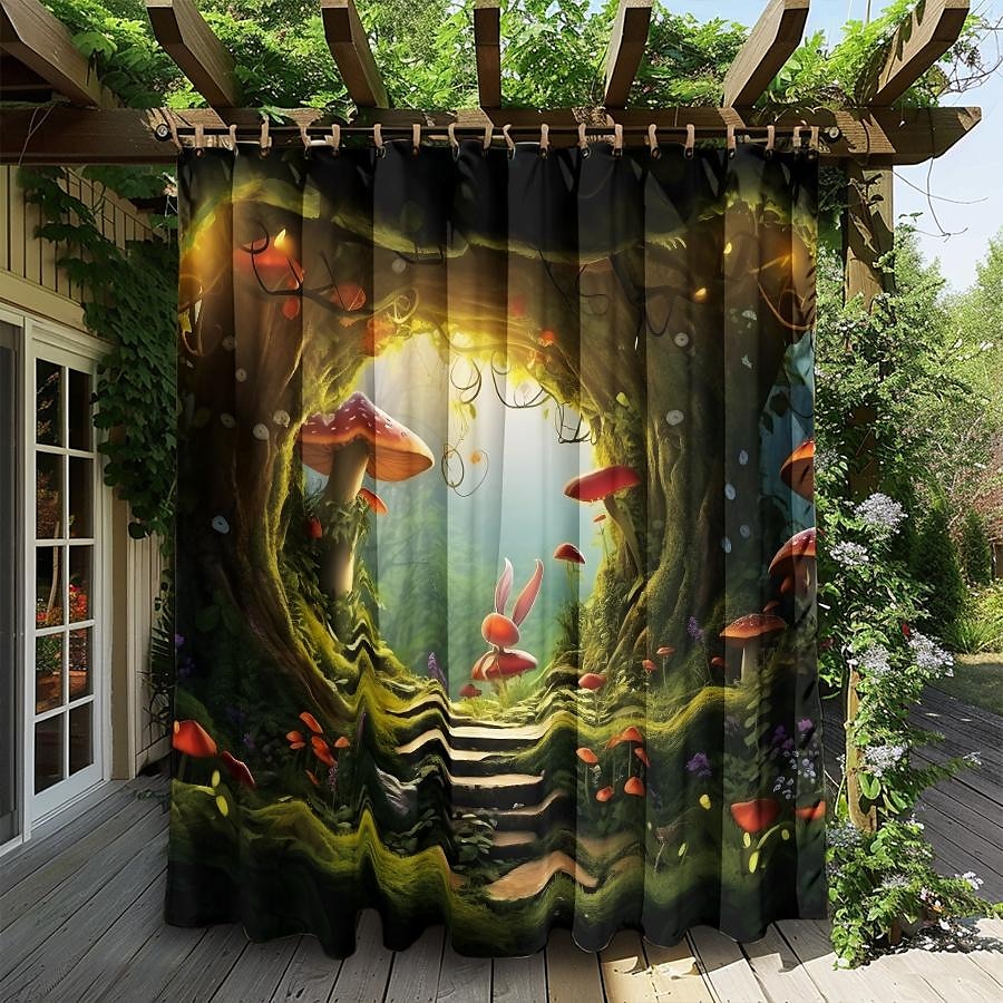 Wasserdichter Outdoor Vorhang Außenvorhang für Privatsphäre, Außenjalousien, verschiebbare Terrassenvorhangvorhänge, Pergolavorhänge mit Ösen, Pilzwald für Pavillon, Balkon, Veranda, Party 2025 - $28.99 –P7