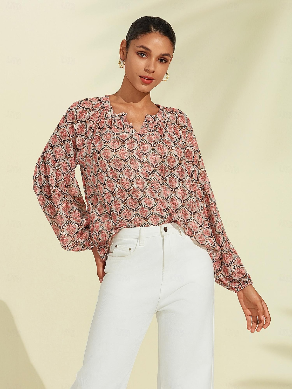 camicetta casual con maniche a sbuffo geometriche del 2025 a $61.99 –P7