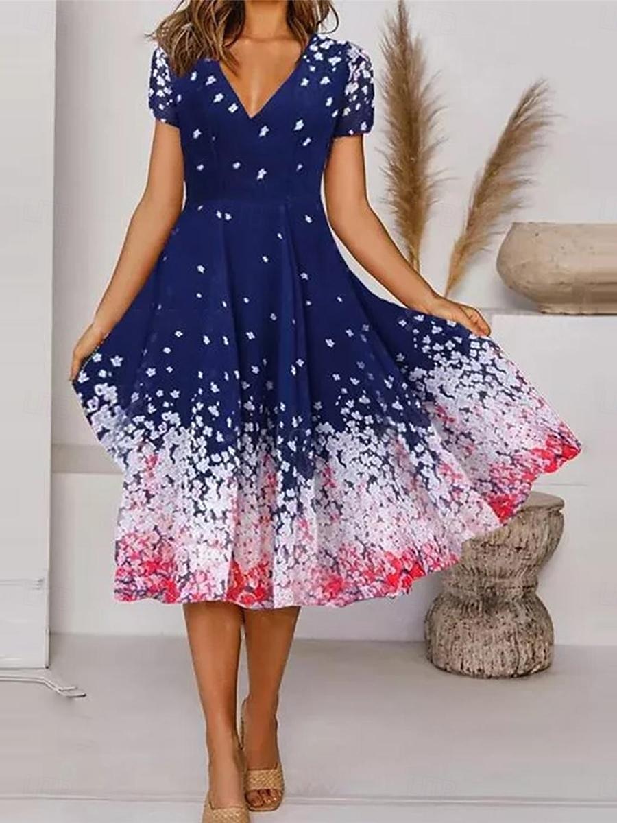 kvinners uformelle kjole blomsterprint v-hals midi kjole ferie kortermet sommer 2025 - $41.99 –P2