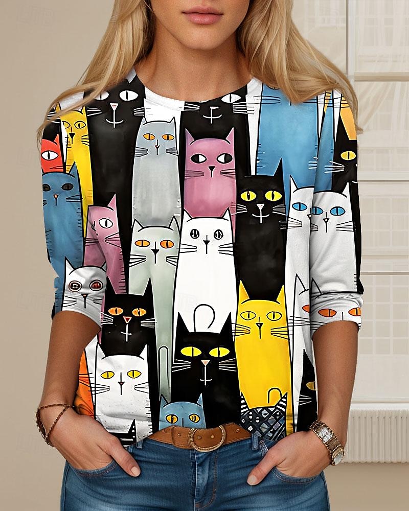 Damen T-Shirt Langarm Rundhals Langarm Tunika Katzenprint Reguläre Tops Rundhals Alltag Wochenende Schwarz Gelb Orange Frühling  Herbst Pre-Fall 2026 - $24.99 –P2