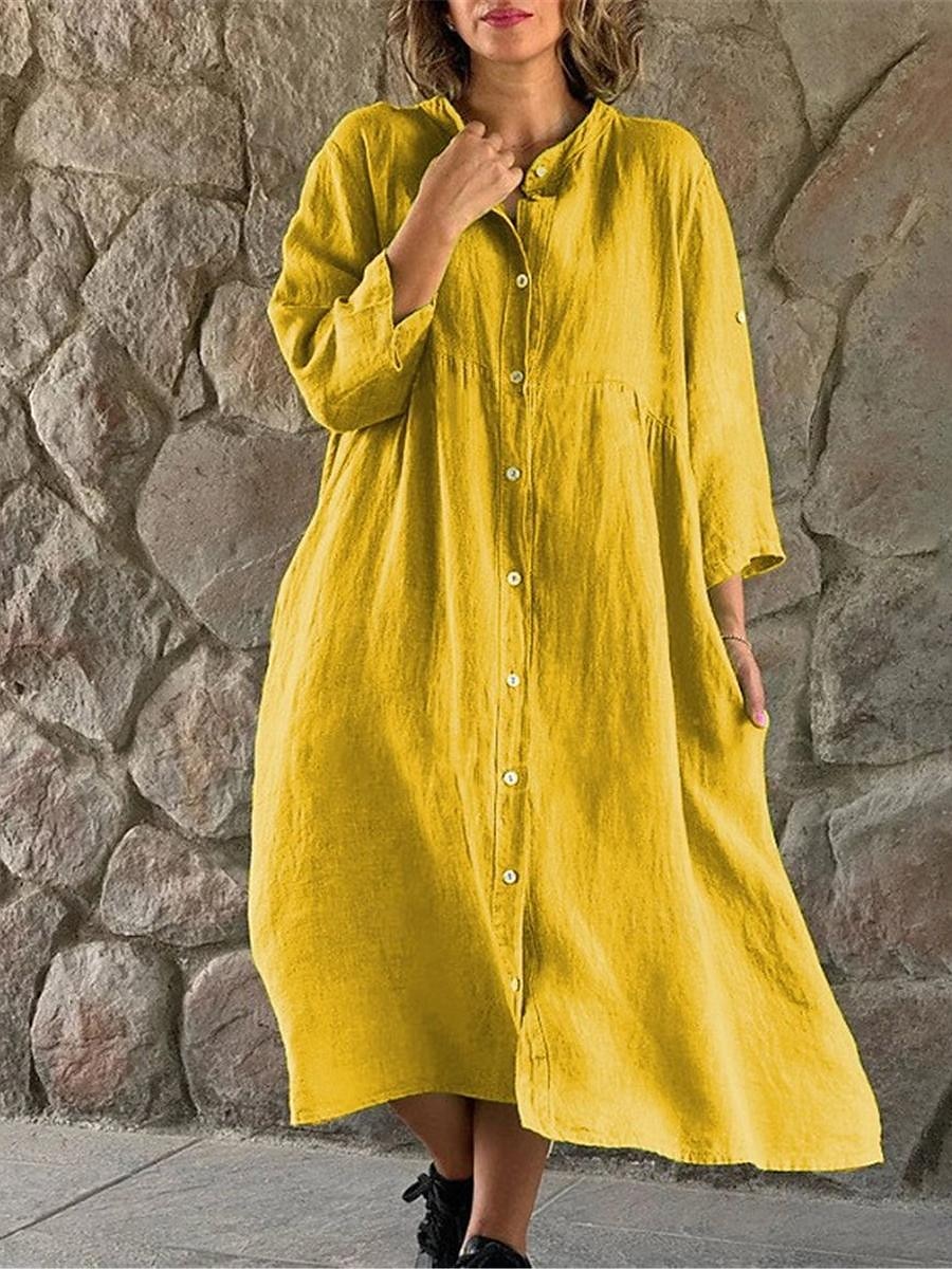 Women's Black White Yellow Summer Spring Midi Dress Linen-Inspired Dresses Shirt Dress Casual Dress Basic Modern Daily Weekend Loose Fit Plain Shirt Collar 2025 - $38.99 –P4