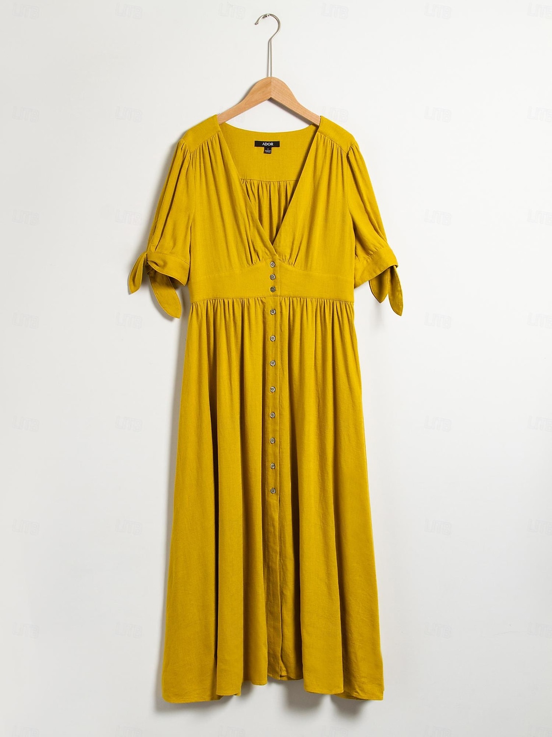 Women's Linen Blend Yellow Bow Detail Midi Tea Dress 2025 - $69.99 –P9
