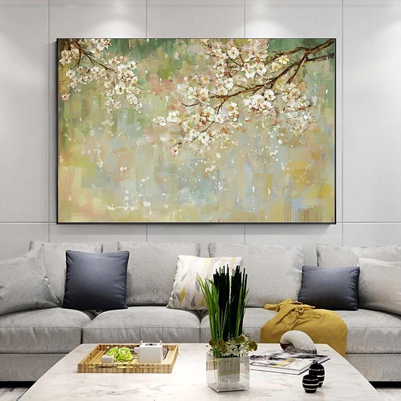 handgemaltes abstraktes Kirschblüten-Ölgemälde auf Leinwand, großes Wandkunstwerk, originale Blütenkunst, weißes Gemälde, Blumengemälde, Wohnzimmerdekoration, gespannte Leinwand, fertig zum Aufhängen 2025 - $154.99 –P4
