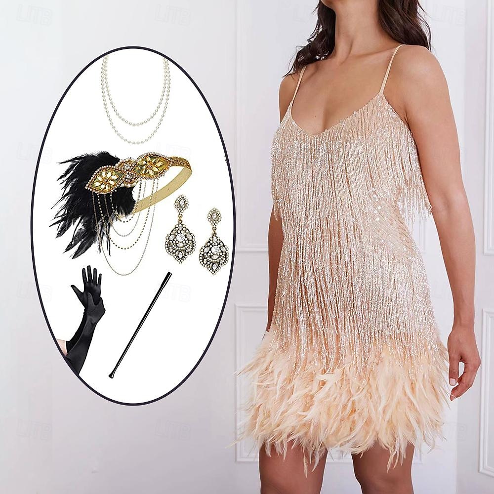 Glada 20-talet 1920-talet Flapper-klänning Klänningar Flapperpannband i tjugotalsstil Den store Gatsby Bröllopsgäst Tofs Fjäder Tofs Fjädrar Maskeradkläder Dam Halloween Maskerad Bröllop Bröllopsgäst 2025 - $71.99 –P3
