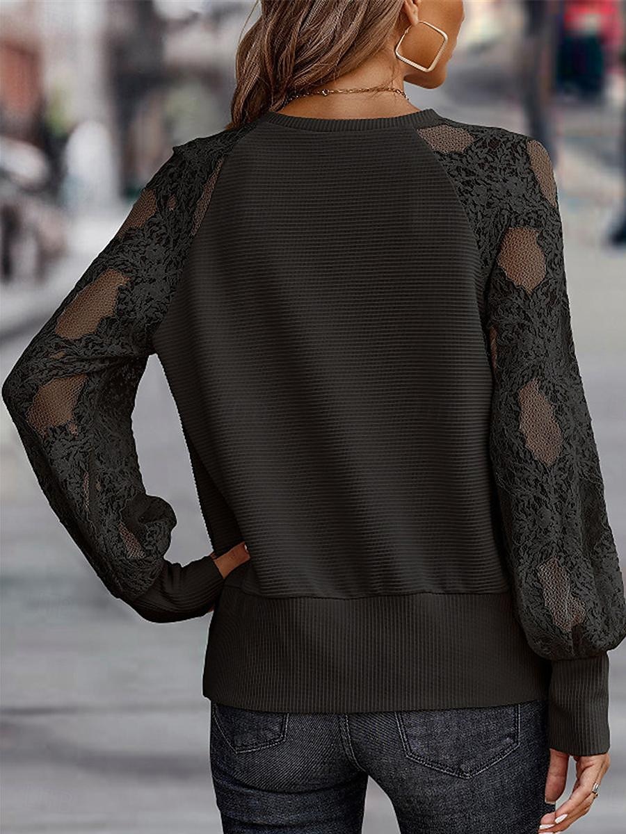 Top in pizzo elegante da donna con occhiello blusa alla moda moderna patchwork in pizzo maniche lunghe regolare scollatura a V casual romantico top petite estivi per le vacanze nere marroni verdi del 2025 a $29.99 –P3