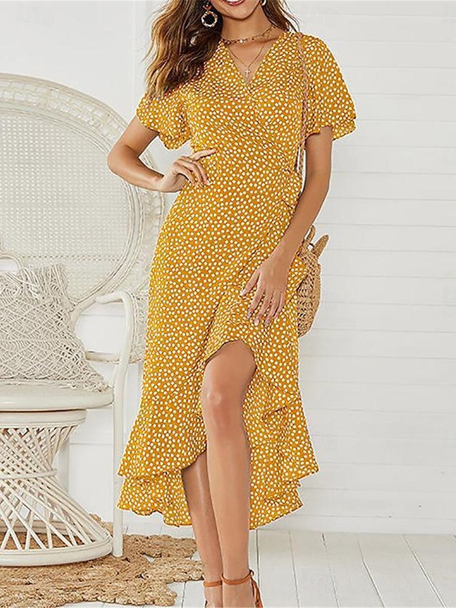 robe décontractée pour femme robe portefeuille à pois à lacets à volants col en V robe longue robe maxi vacances manches courtes été de 2025 ? $33.99 –P5