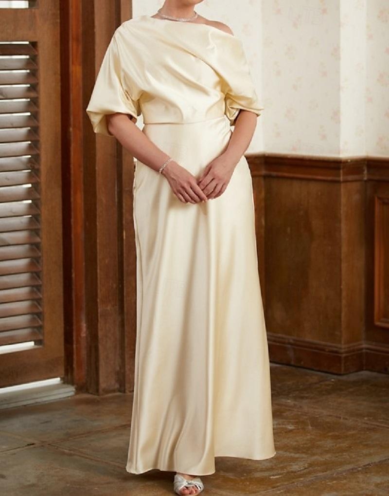 Etui Kleid Mutter der Braut Hochzeitsgast Formelles Abendkleid Elegante Party Schulterfrei Zug-Länge Satin Halbelängliche Ärmel mit Raffung. 2025 - $170.99 –P3