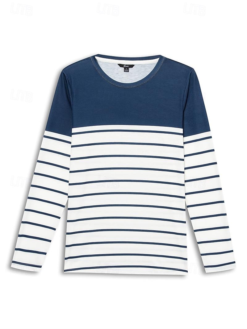 Women's T Shirt Striped Basic Long Sleeve Round Neck Regular Tops Daily Weekend Print Black White Red Blue Gray Fall & Winter 2025 - $23.99 –P1