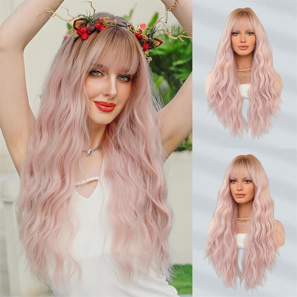 lunghe parrucche ondulate viola con frangia 26 pollici ricci sintetici parrucche ombre resistenti al cuore per le donne cosplay di feste quotidiane usate del 2025 a $21.99 –P2