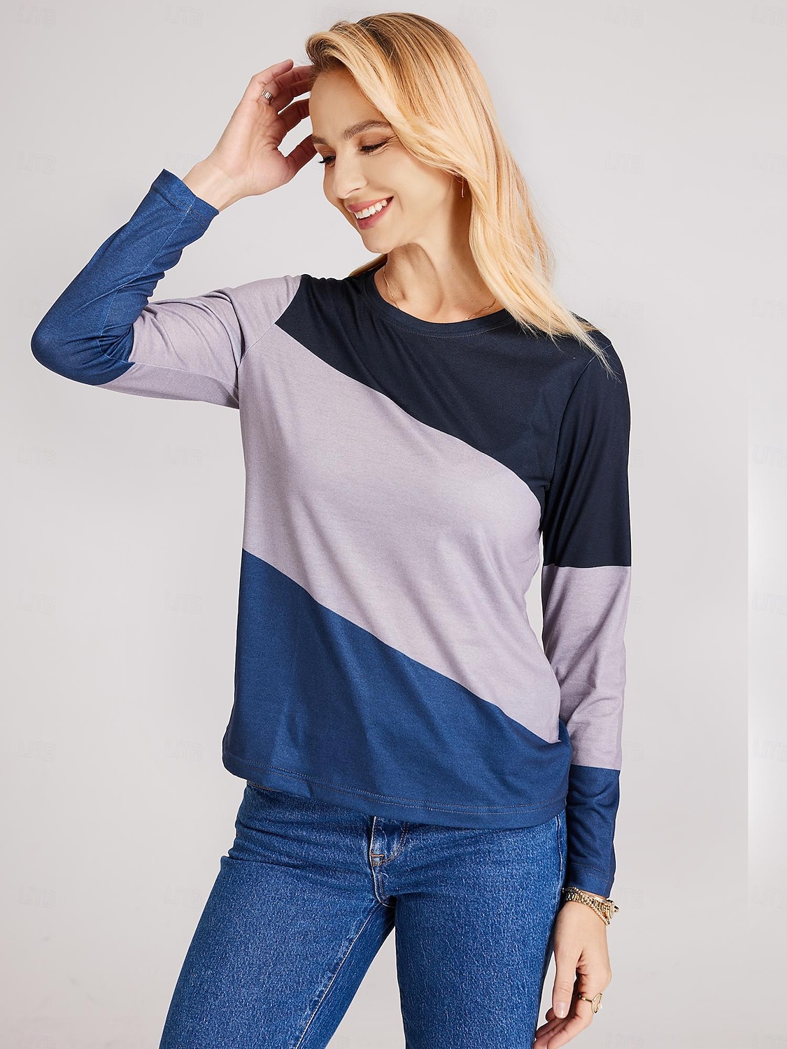 2025年 女性用 Tシャツ カラーブロック 日常 ベーシック 長袖 ラウンドネック レギュラートップス 日常 週末 プリント ピンク ブルー グリーン カーキ色 秋冬 コレクション – $3.79 –P1