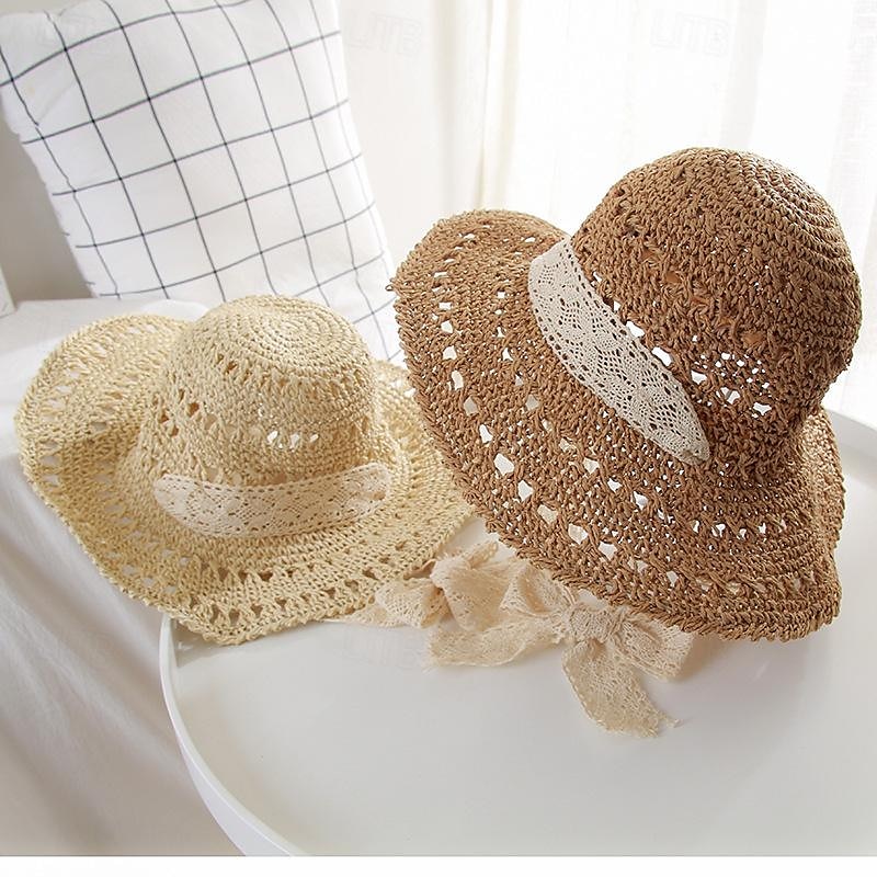 cappello a secchiello all'uncinetto cavo nastro di pizzo cravatta a tesa larga cappello da sole in paglia traspirante eleganti cappelli da spiaggia da viaggio per ombrellone per donna del 2025 a $14.99 –P2