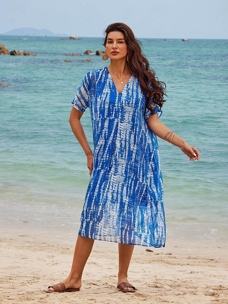 Damskie Sukienka midi Sukienka tunika Moda miejska Elegancki Maxi Urlop Ulica Święto Luźna Wzór tie-dye Krótki rękaw W serek Niebieski Lato 2025 - $51.99 –P2