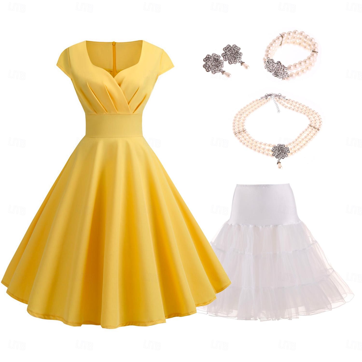 conjunto com vestido vintage flare colar de pérolas falsas brincos pulseira com anágua tutu sob a saia 1950 anos 1960 rockbility vestido retrô vintage feminino 6 peças roupas primavera verão roupa de 2025 por $48.99 –P2