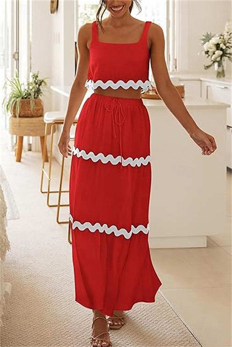 Women's Dress Set Casual Dress Skirt Set Print Dress Fashion Modern Stripe Print Long Dress Maxi Dress Sleeveless Strap Outdoor Date Black White Red Summer Regular Fit 2025 - $44.99 –P9
