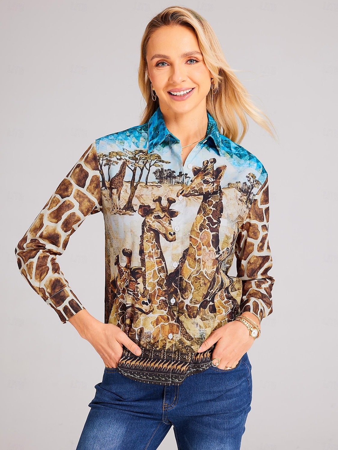 Camicia da donna Marrone Animale Giraffa Bottoni Stampa Maniche Lunghe Quotidiano Weekend Camicia Base Collo Regolare S del 2025 a $23.99 –P4