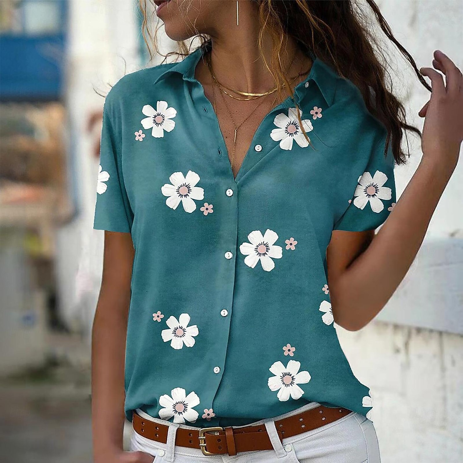 dames casual bloemenprint overhemd korte mouw reverskraag blauwe regular fit mode blouse voor lente zomer dagelijks gebruik 2025 - $21.99 –P3